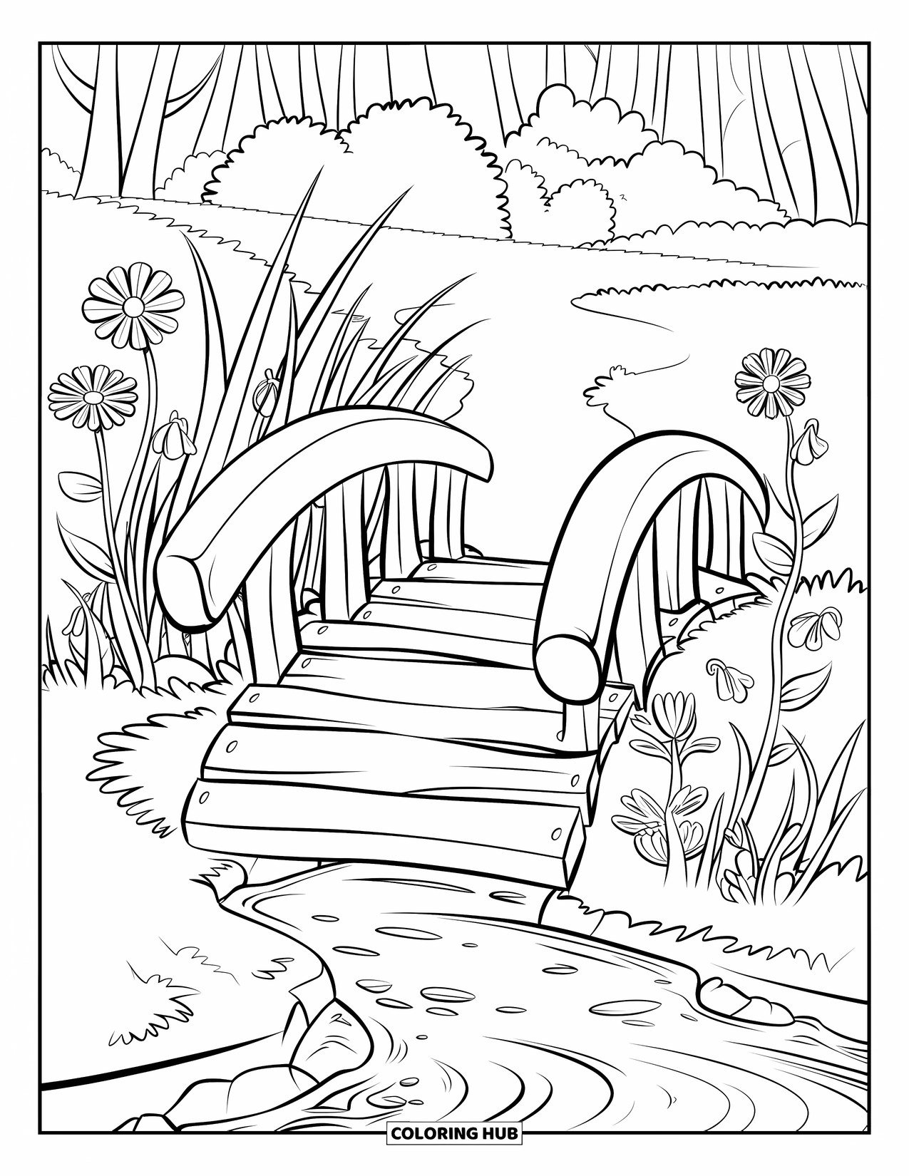 Desenho de primavera para colorir para crianças: Uma passarela de madeira se estende sobre um riacho suave, com rãs descansando em nenúfares