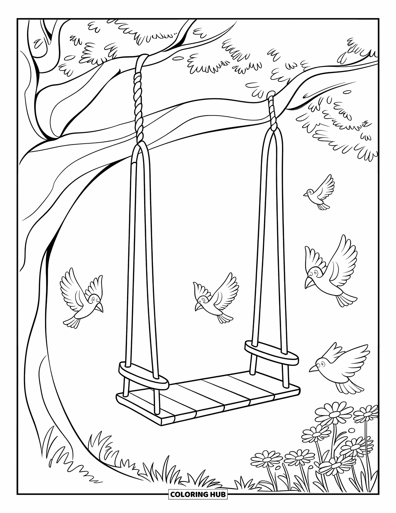 Desenho de primavera para colorir para crianças: Um balanço de madeira em uma grande árvore convida a um momento tranquilo na natureza