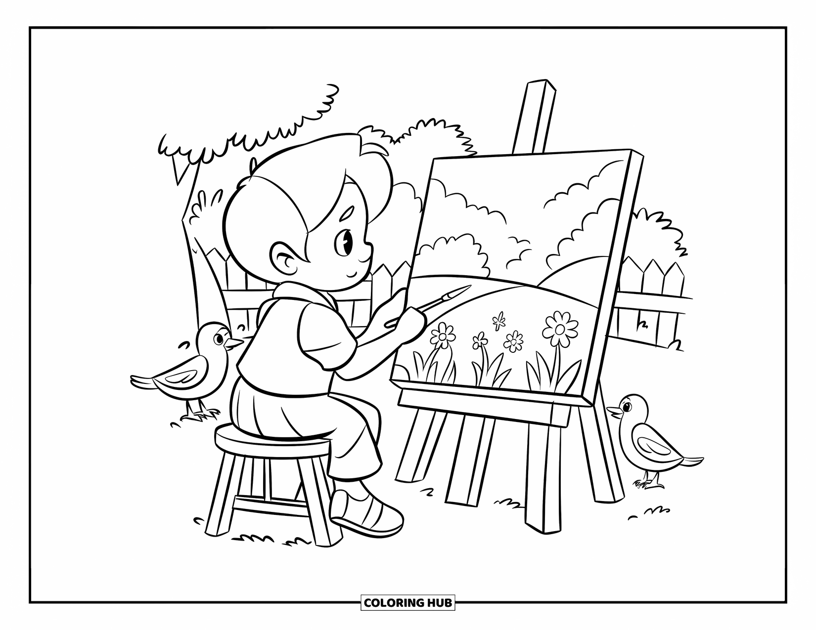 Desenho de primavera para colorir para crianças: Um jovem artista pinta um prado enquanto pássaros observam curiosamente de perto