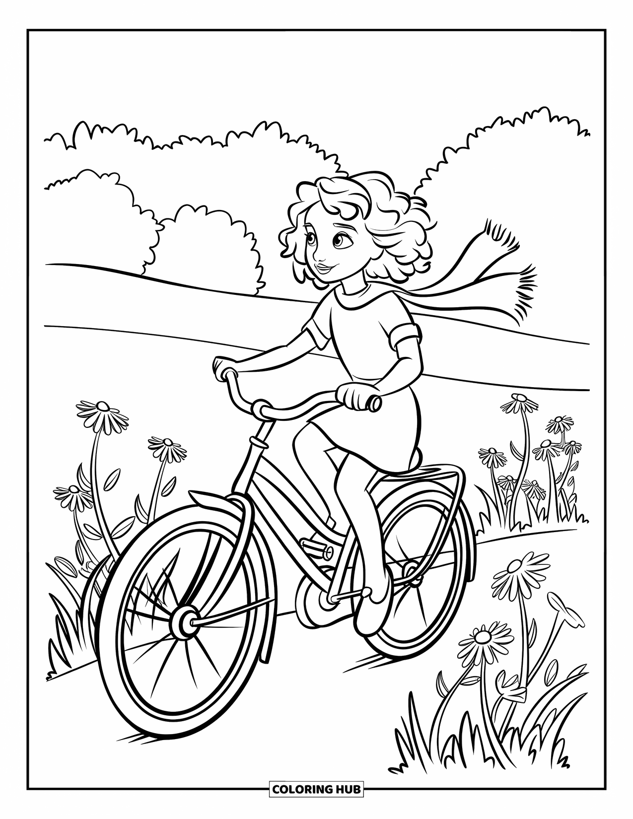 Desenho de primavera para colorir para crianças: Uma jovem anda de bicicleta por um prado, seu vestido esvoaçando enquanto ela aproveita o passeio