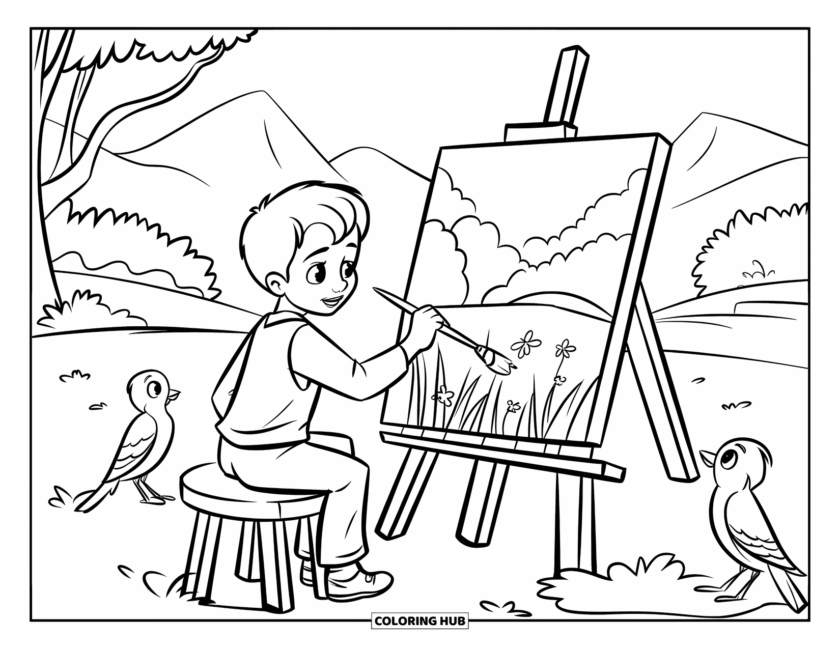 Desenho de primavera para colorir para crianças: Um jovem pintor senta-se ao ar livre, pintando uma paisagem de primavera cênica enquanto pássaros observam