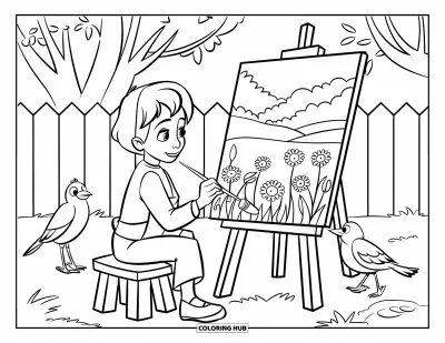Spring Coloring Page for Kids: A young painter sits outside on a stool, painting a vibrant spring meadow