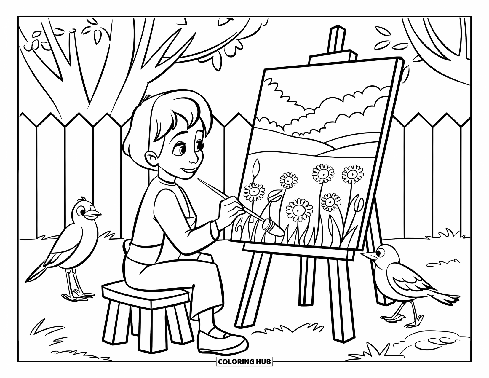 Desenho de primavera para colorir para crianças: Um jovem pintor senta-se do lado de fora em um banquinho, pintando um prado de primavera vibrante
