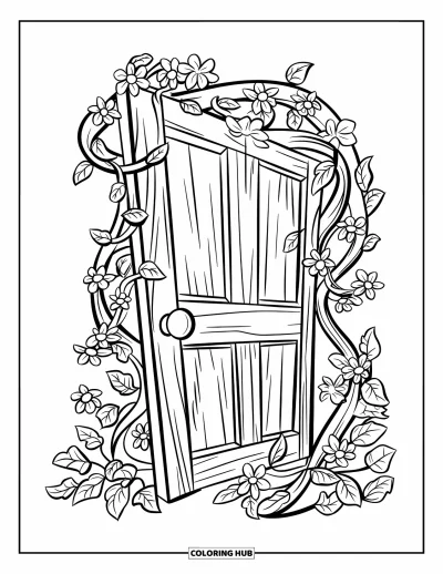 Spring Coloring Page for Kids: An enchanting wooden garden door covered in ivy and flowers, leading to a hidden path