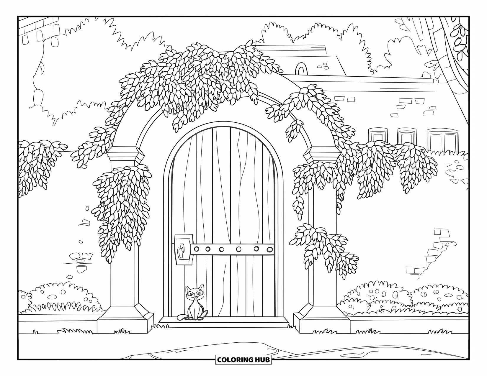 Desenho de primavera para colorir para crianças: Um arco de jardim coberto de hera com um pequeno gato sentado pacificamente embaixo dele