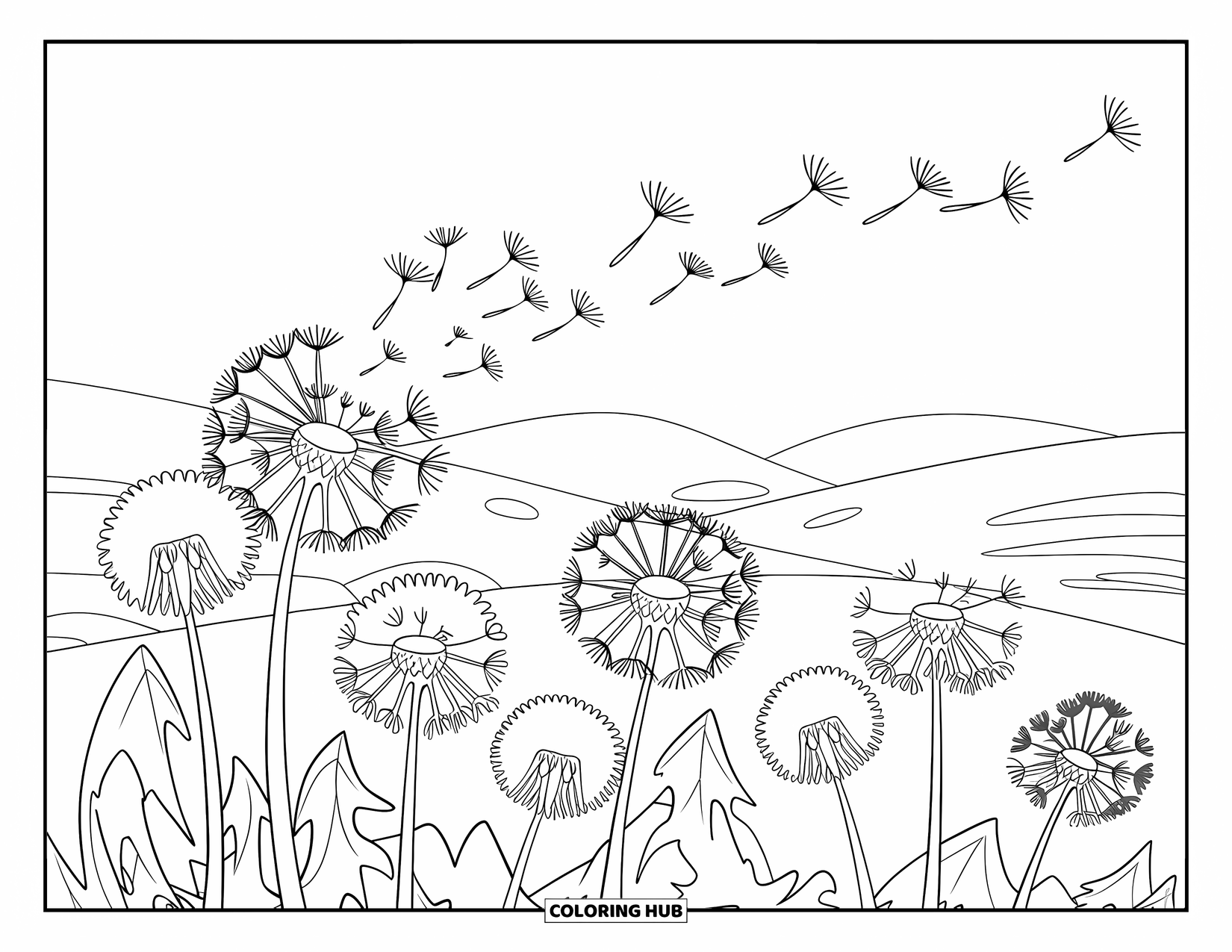 Desenho de primavera para colorir para crianças: Dentes-de-leão fofos espalham suas sementes enquanto o vento sopra suavemente
