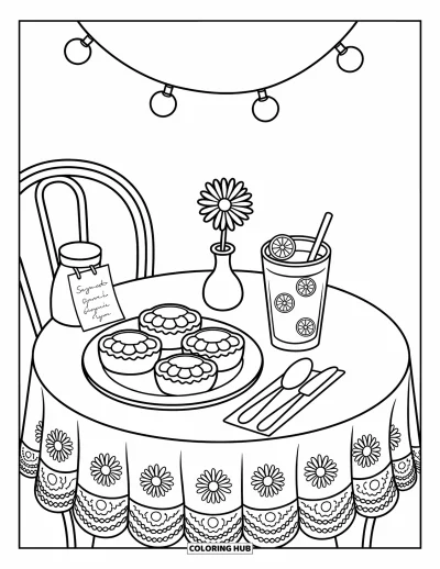 Disegno d'estate da colorare per adulti: Un chiosco di bevande tropicali con cocchi e smoothie all’ananas brilla sotto ghirlande luminose