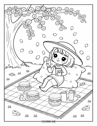 Disegno d'estate da colorare per adulti: Una casa sull’albero raccolta con amaca ondeggia mentre uno scoiattolo sorseggia tè con perle