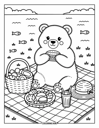 Disegno d'estate da colorare per adulti: Un coniglietto gioioso tira il filo di un aquilone vicino a un cestino da picnic su una collina ventilata