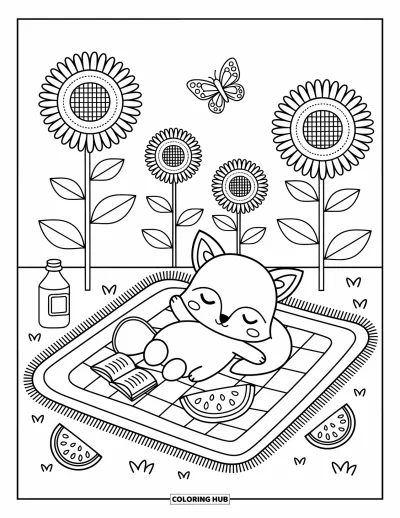Disegno d'estate da colorare per adulti: Una morbida coperta da picnic sotto i ciliegi in fiore, piena di delizie e tè