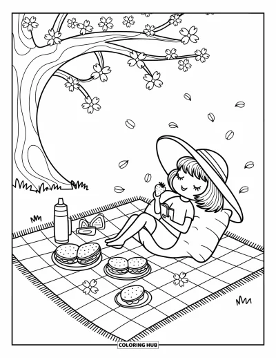 Disegno d'estate da colorare per adulti: Una volpe assonnata si rilassa su una coperta da picnic in un campo di girasoli