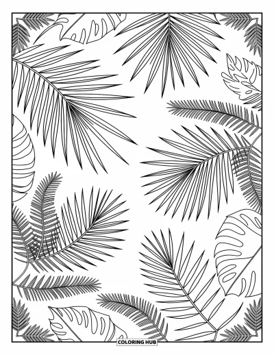 Disegno d'estate da colorare per adulti: Un intricato motivo floreale estivo ricco di ibisco, plumeria e viticci a spirale