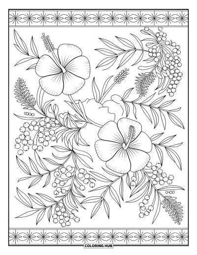 Disegno d'estate da colorare per adulti: Una serra estiva rilassante piena di fiori in bloom, banco da lavoro in legno e piante in vaso