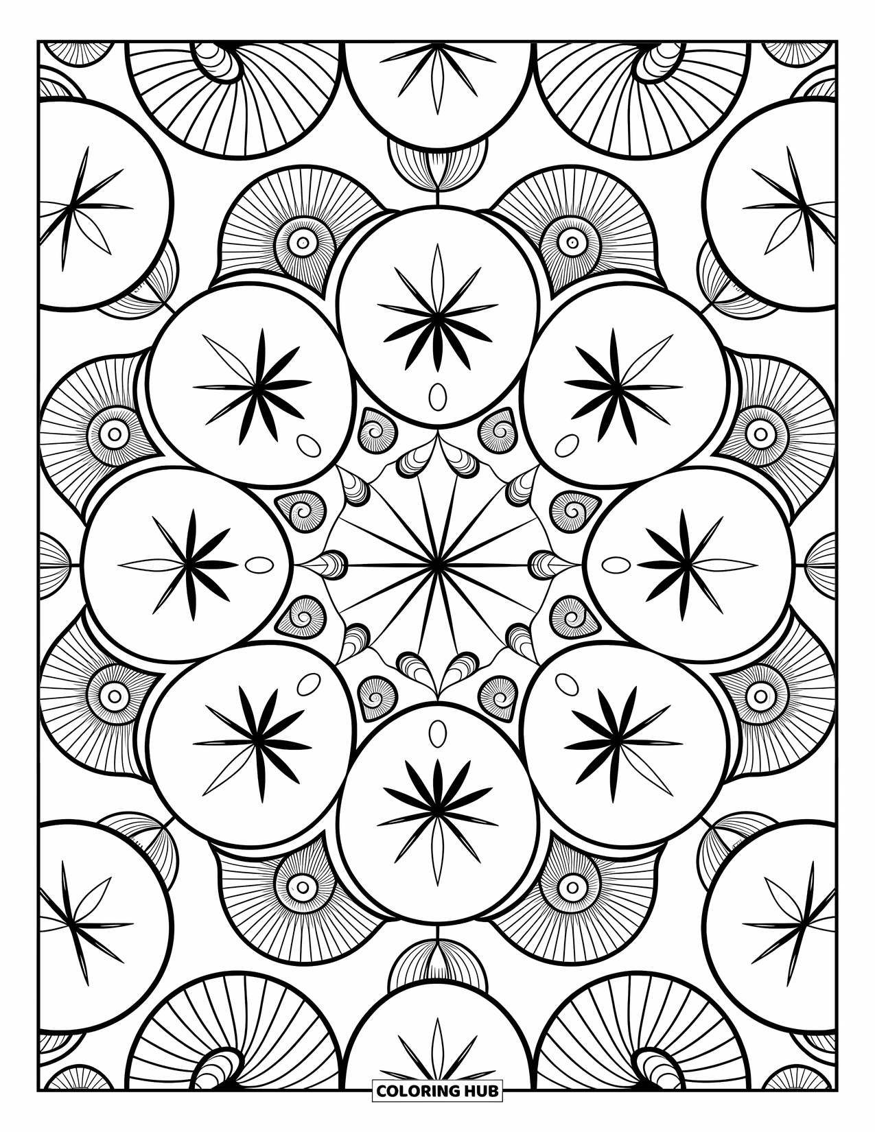 Letnia Kolorowanka dla Dorosłych: Hipnotyzująca mandala z muszelek, przedstawiająca piaskowe dolary i spiralne muszle w eleganckim wzorze
