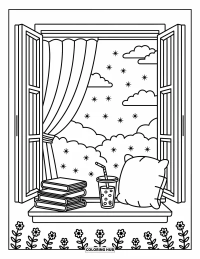 Disegno d'estate da colorare per adulti: Uno scoiattolo allegro sorseggia tè con perle sul portico di una minuscola casa sull’albero