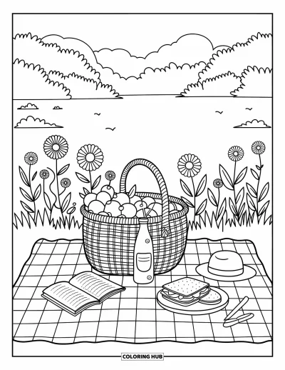 Disegno d'estate da colorare per adulti: Una volpe fa un pisolino su una coperta da picnic, usando un libro come cuscino