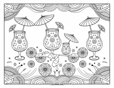 Disegno d'estate da colorare per adulti: Ibisco, plumeria e viticci intrecciati creano un motivo floreale dettagliato e rilassante