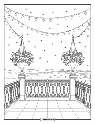 Disegno d'estate da colorare per adulti: Un salvagente a forma di ciambella galleggia accanto a una bevanda fredda e occhiali da sole