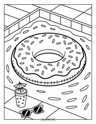 Disegno d'estate da colorare per adulti: Un salvagente a forma di ciambella ondeggia in acqua accanto a una bevanda fredda e occhiali da sole