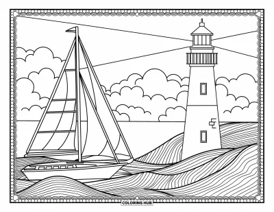 Disegno d'estate da colorare per adulti: Una barca a vela vintage ricca di dettagli con vele raccolte e onde leggere tutt’intorno