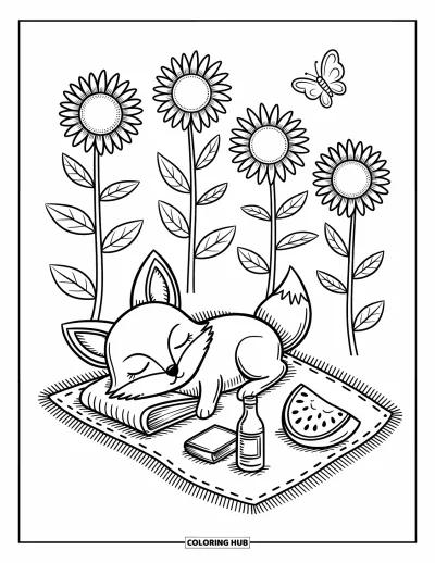Disegno d'estate da colorare per adulti: Un orso soffice si gode un picnic sul lago con frutta fresca e tè freddo
