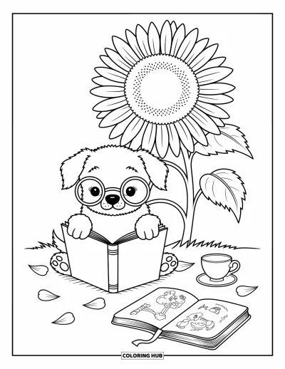 Disegno d'estate da colorare per adulti: Un cucciolo con piccoli occhiali legge un libro sotto un grande girasole