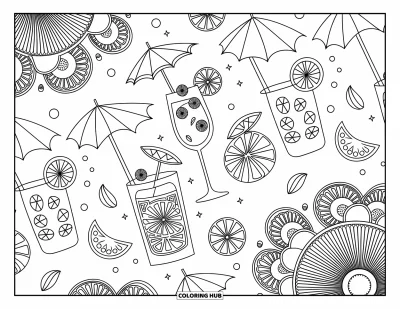 Disegno d'estate da colorare per adulti: Un cortile tranquillo con una fontana affascinante, verde rigoglioso e un invitante tavolino da caffè