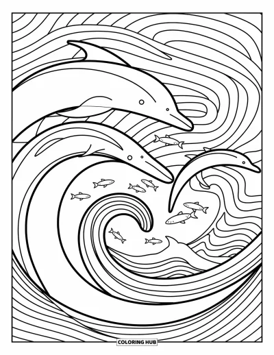 Disegno d'estate da colorare per adulti: Onde dell’oceano a spirale nascondono delfini giocosi e pesci guizzanti in un motivo ipnotico