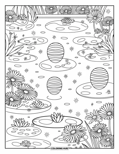 Disegno d'estate da colorare per adulti: Un delizioso allestimento da caffè con tazzina elegante, pasticcini e vaso di fiori