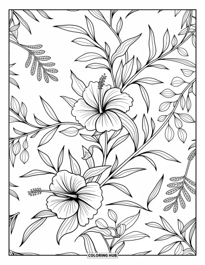 Disegno d'estate da colorare per adulti: Fronde di palma, foglie di monstera e felci creano un elegante motivo tropicale