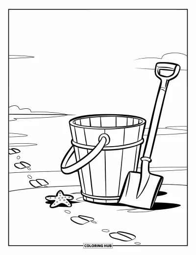 Disegno d'estate da colorare per bambini: Una strada acciottolata conduce a un caffè sul mare dal fascino rilassante, con tavoli all’aperto e ombrelloni