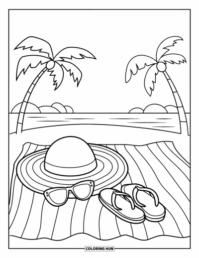 Disegno d'estate da colorare per bambini: Un camper van con una tavola da surf sul tetto percorre una panoramica strada di montagna