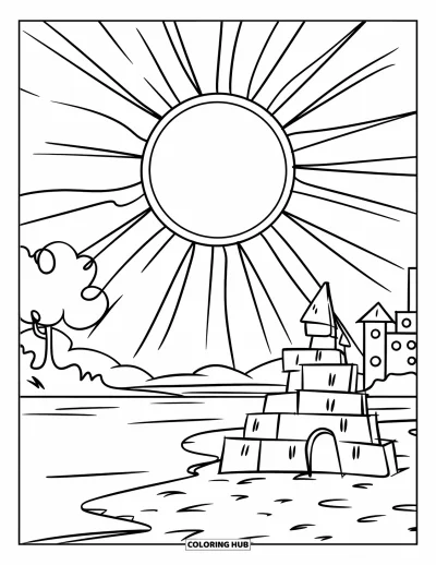 Disegno d'estate da colorare per bambini: Una donna gira su sé stessa con un sorriso spensierato in un luminoso campo di girasoli