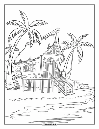 Disegno d'estate da colorare per bambini: Una terrazza rilassante in riva al mare è decorata con ghirlande luminose e onde morbide