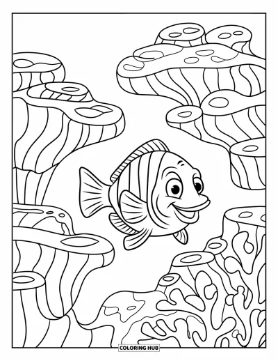 Disegno d'estate da colorare per bambini: Un bambino con maschera da snorkeling esplora il mondo sottomarino pieno di pesci