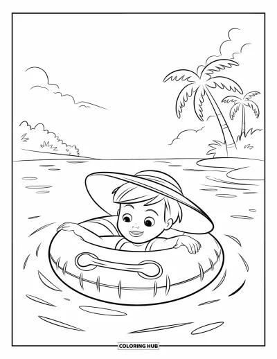 Disegno d'estate da colorare per bambini: Una fila di tavole da surf appoggiate sulla sabbia con palme sullo sfondo