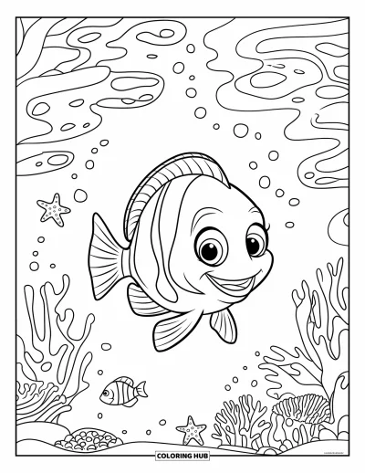 Disegno d'estate da colorare per bambini: Una sedia del bagnino in legno con salvagente osserva la riva sabbiosa
