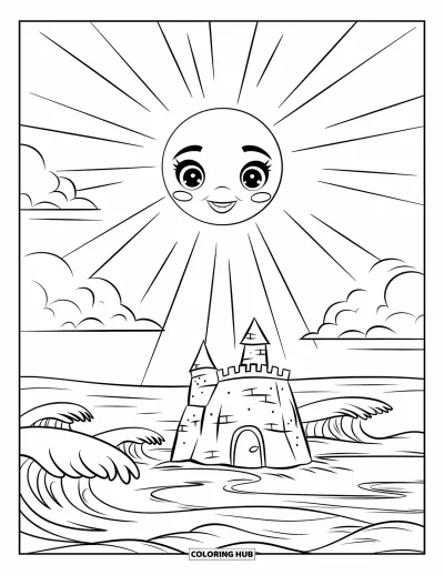Disegno d'estate da colorare per bambini: Un delfino felice si alza sopra le onde in una scena marina divertente