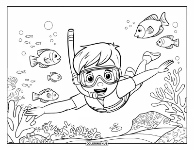Disegno d'estate da colorare per bambini: Un grazioso granchio con grandi chele e un cappellino sorride sulla riva sabbiosa