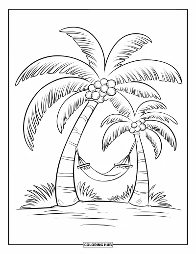Disegno d'estate da colorare per bambini: Una bevanda al cocco con un piccolo ombrellino è su un telo sotto palme ondeggianti