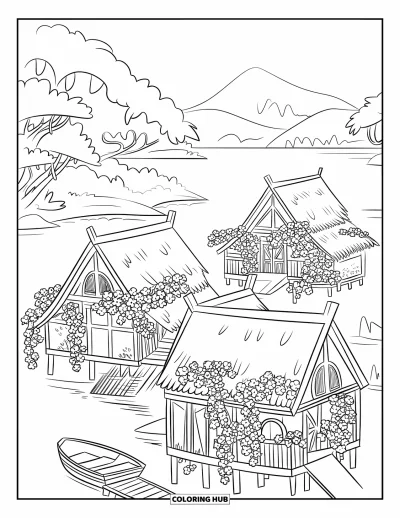 Disegno d'estate da colorare per bambini: Un sole allegro veglia su un piccolo castello di sabbia e dolci onde dell’oceano
