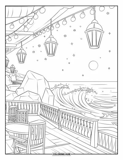 Disegno d'estate da colorare per bambini: Un elegante caffè sul mare con tavoli all’aperto offre una vista perfetta sull’oceano