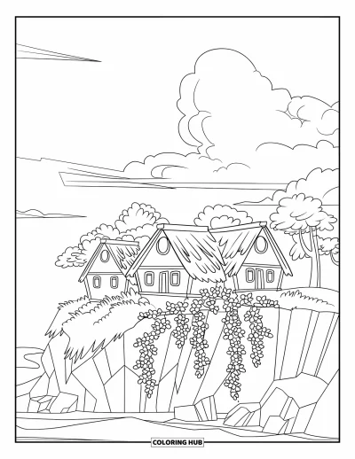 Disegno d'estate da colorare per bambini: Un sole sorridente illumina un castello di sabbia mentre arrivano le onde