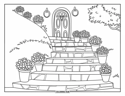 Disegno d'estate da colorare per bambini: Una terrazza sul mare dal fascino rilassante brilla con ghirlande luminose e si affaccia su onde leggere