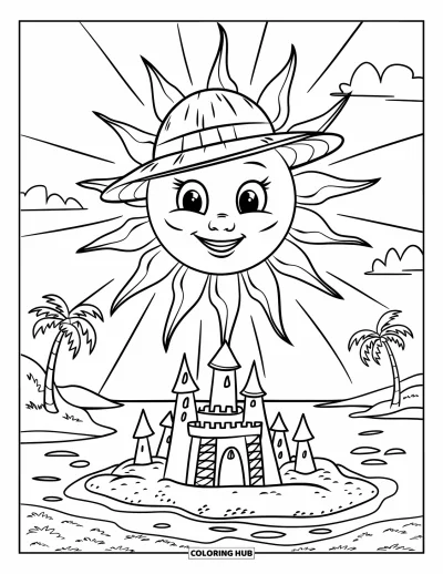 Disegno d'estate da colorare per bambini: Una bevanda tropicale in un cocco con un piccolo ombrellino è sotto le palme