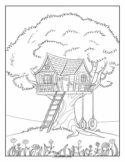 Disegno d'estate da colorare per bambini: Una casa di legno su palafitte con staccionata si affaccia sulla riva sabbiosa
