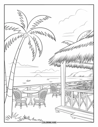 Disegno d'estate da colorare per bambini: Una scena pacifica con falò in spiaggia, palme e stelle scintillanti