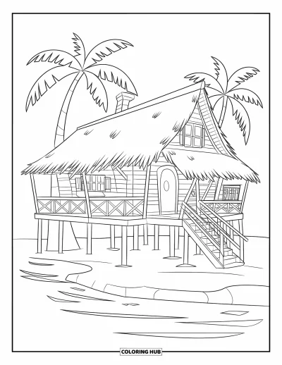 Disegno d'estate da colorare per bambini: Una farfalla elegante svolazza sopra un fiore tropicale in piena fioritura
