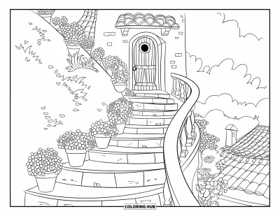 Disegno d'estate da colorare per bambini: Un cestino da picnic con panini è sotto un albero dalle foglie grandi e tonde
