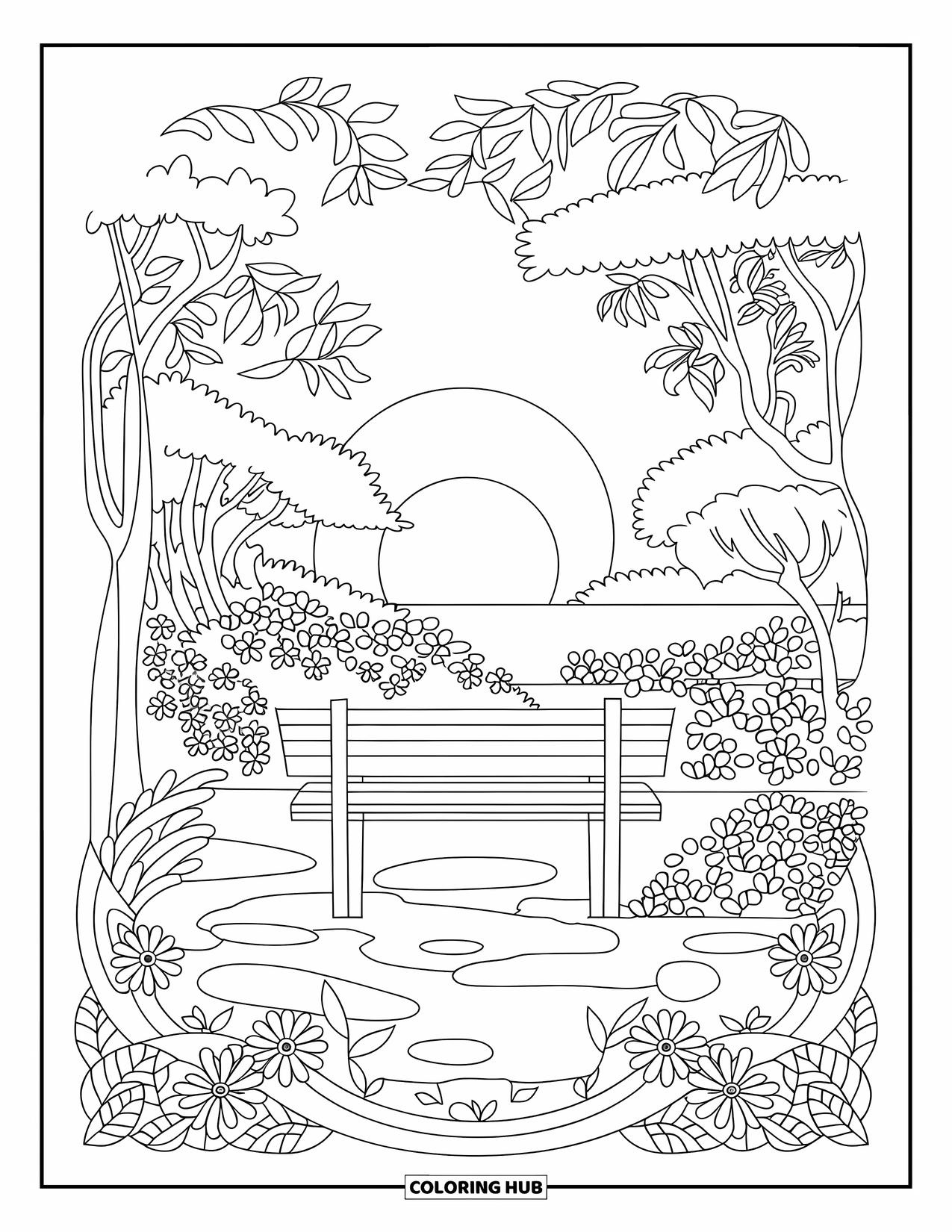 Desenho de pôr do sol para colorir para adultos: Um banco fica em um mirante panorâmico emoldurado por flores e árvores